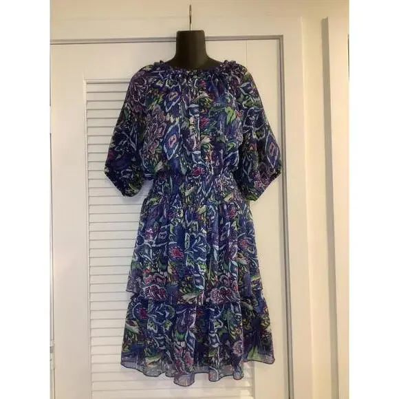 Yakira Bella Tiered Print Dress XL Multicolor Blue Print Flowy Boho - Picture 1 of 4